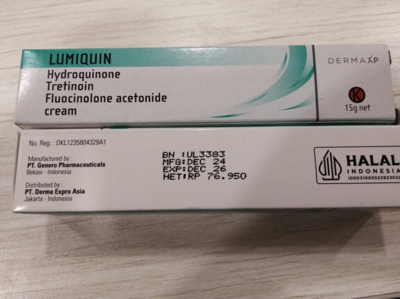Lumiquin Hydroquinone Tretinoin Fluocinolone Acetonide cream tube.